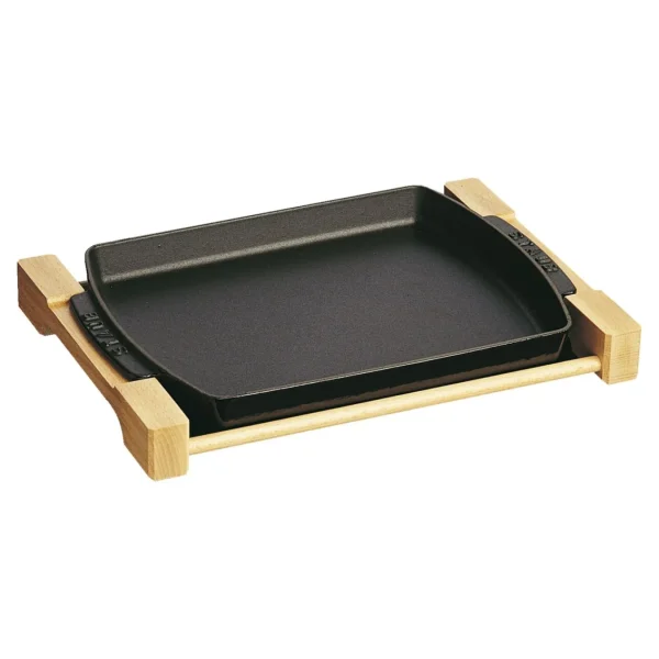 STAUB Trivets*13-Inch X 9-Inch, Rectangular Serving Dish With Wood Base, Black Matte