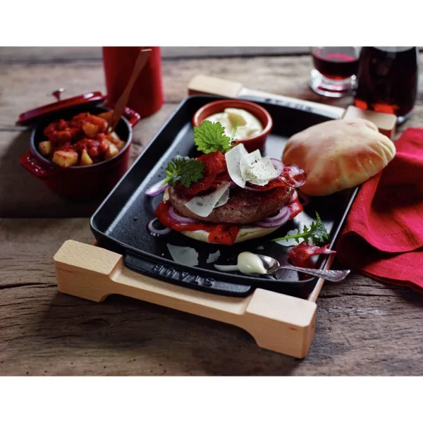 STAUB Trivets*13-Inch X 9-Inch, Rectangular Serving Dish With Wood Base, Black Matte