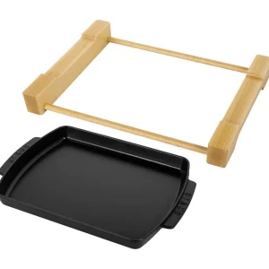 STAUB Trivets*13-Inch X 9-Inch, Rectangular Serving Dish With Wood Base, Black Matte